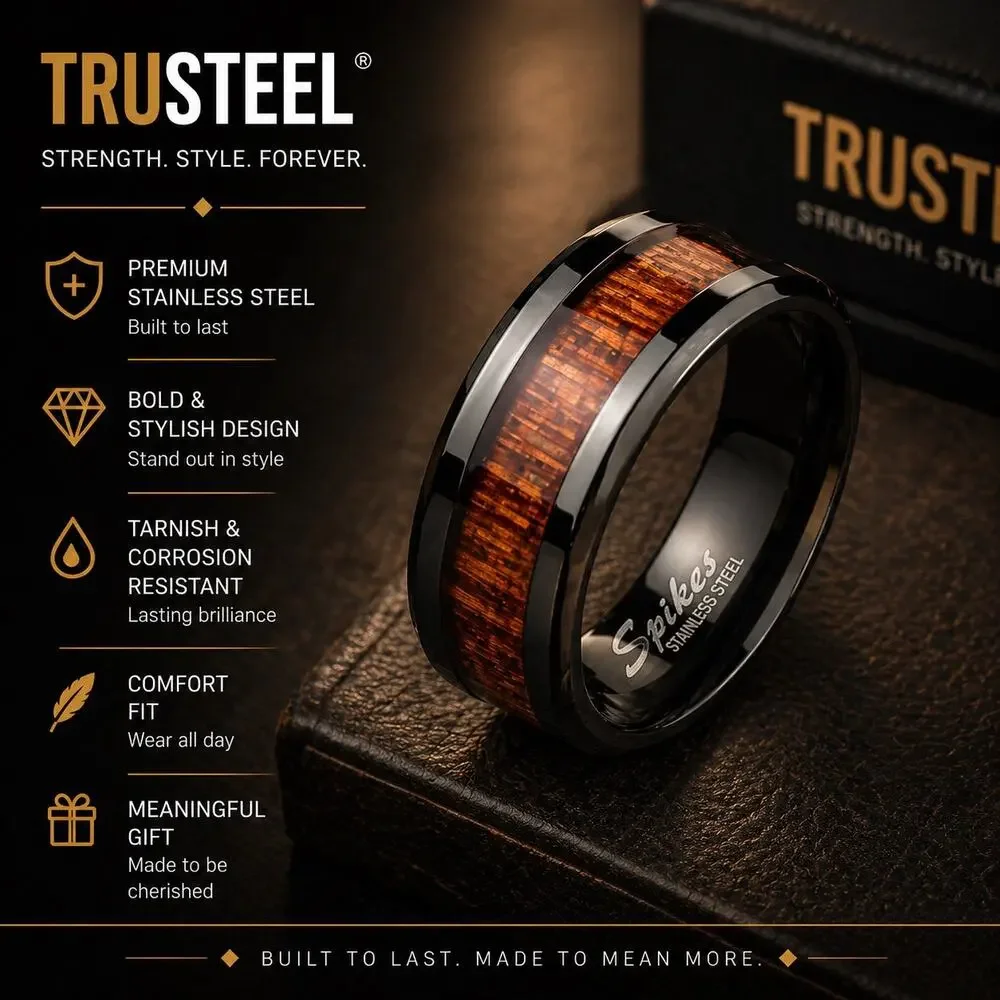 Men’s Wood Inlay Center Beveled Edges Black 316L Stainless Steel Ring size 10
